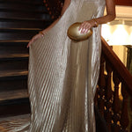 Margovil V Neck Strapless Pleated Maxi Party Dress
