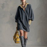 Casual Sporty Plaid Trim Gray Washed Cotton Sweatshirt Mini Dress
