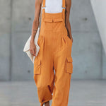 Orange Cotton-linen Multi-pocket Wide-leg Overalls