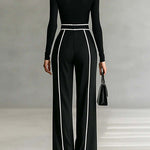 Margovil Color Block High Neck Long Sleeves Top High Rise Wide Leg Pants Set