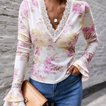Women's French Floral Print Slim Fit Top Lace V Neck Double Layer Flared Cuffs Soft Stretch Knit Blouse