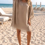 Women's Front & Back Reversible Beach Cover Up Crochet Lace Hollow Out Spliced Tassel Vacation Caftan Dress