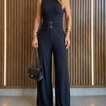 Women's Hollow-out Ribbed Wide Leg Jumpsuit Sleeveless Gold Ring Overalls