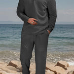 KZZ Men's Textured Long Sleeve Polo Shirt & Drawstring Pants Set