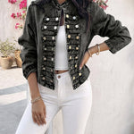 Button Decor Stand Collar Long Sleeve Jacket Casual Denim Coat