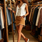 Western Retro Creamy White Cotton V-Neck Sleeveless Frayed Edge Top