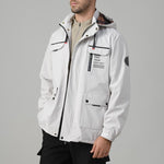 KZZ Men's letter-printed button pocket zipper hooded waterproof jacket