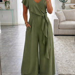 V-Neck Adjustable Spaghetti Straps Backless Overalls Casual Zipper Back Wide Leg Jumpsuit with Convertible Ruffles Tie Panel