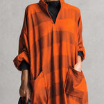 Vintage Fashion Ultra Loose V-neck Large Pockets Orange And Brown Wide Striped Maxi Dress