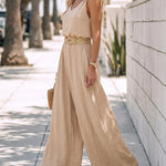 2 Pieces Outfit V-Neck Shoulder Bowknot Design Sleeveless Tank Top and Casual Zipper Fly Elastic Back Waist Wide Leg Pants Set without Belt
