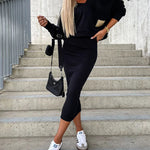 Elegant Two-piece Set Sexy V-neck Off-shoulder Sweatshirt & Sleeveless Knitted Dress Skirt