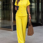 Women's 2 Piece Outfits Short Sleeve Button Down Top and Straight Leg Pants Set Casual Commuter Suits