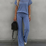 Women's 2 Piece Knit Set Lace Patchwork Short Sleeve Top and Wide Leg Pants Casual Ribbed Brushed Lounge Set