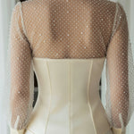 Pearl-Embellished Sheer Sleeve Structured Blouse