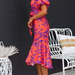 Short Sleeves Tie Waist Printed Ruffle Midi Dress