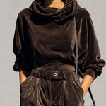 Vintage Sophisticated Casual Brown Velvet Hoodie And Loose Pants Set