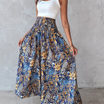 Boho Vintage Floral Print Shirred High Waist Wide Leg Pants