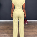 Women's 2 Piece Outfits V Neck Twist Front Slit Top and High Waisted Straight Leg Pants Set Commute Business Casual Suit