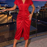 Women's Deep V Neck Glitter Bodycon Dress Ruched Batwing Sleeve High Slit Evening Gown Sparkly Cocktail Party Dress