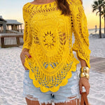 Women's Crochet Hollow Out Knit Top Batwing Sleeve Loose Cover Up Asymmetric Hem Sheer Bohemian Knitwear