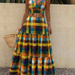 Women's Colorblock Plaid Hollow-out Maxi Dress V Neck Backless Ruffle Cami Dress Casual Shirred Beach Sundress