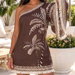Women's Tropical Print One Shoulder Mini Dress Three Quarters Sleeve Fringe Hem Vacation Dress