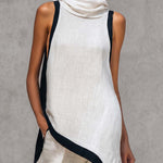 Temperament Casual Hooded White Black Trim White Cotton And Linen Asymmetrical Long Top And Pants Set