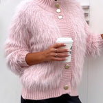 Women's Faux Fur Sweater Cardigan Knitted Turtleneck Jumper Fluffy Coat