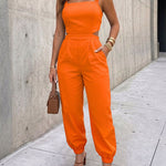Women's Elastic Straps Jumpsuit Sexy Backless Cutout Square Neck Cami Overalls High Waist Tied Back Cuffed Jumpsuit
