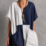 Retro White And Blue Color Blocked Cotton And Linen Short Sleeved Midi Dress