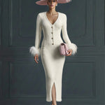 White Mohair V-neck Button Imitation Ostrich Feather Midi Dress