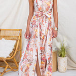 Strapless Floral Print Tie Waist Split Wide Leg Jumpsuit