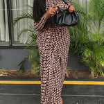 Geometric Print Long Sleeve Waist Tied Detail Maxi Dress Casual Slim Fit Slit Vacation Dress