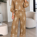 Women's 2 Piece Vintage Print Bohemian Outfit Skew Neck Lantern Sleeve Top and High Waisted Pants Set Casual Vacation Set
