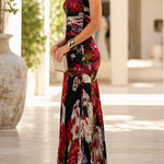 Strapless Abstract Floral Print Chiffon Maxi Dress