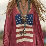 Vintage Casual Western Long Sleeve Flag Print Pink Cotton Loose Maxi Dress