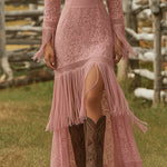 Retro White Lace V-neck Long Sleeve Tassel Short Front And Long Back Skirt Maxi Dress