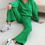 Nadorine Casual Two-Piece Set V-neck Fleece Sweatshirt High-waisted Wide-leg Pants