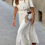 White Waisted Mid-length Sleeve Top and Loose Long Skirt Two-piece Set