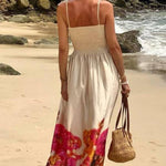 Hidden Garden Satin Floral Print Smocked Tie-up Shoulder Maxi Dress