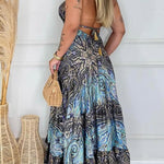 Bohemian Style Unique Print V-neck Suspender Holiday Maxi Dress