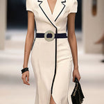 Bodycon High-Low Belted Pleated Solid Color Notched Collar Maxi Dresses