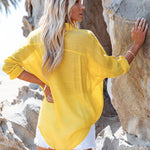 Nadorine Solid Color V Neck Long Sleeve Button Down Blouse with Pockets