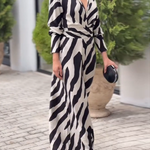 Long Sleeves Wide Leg Split-Joint Tied Waist Zebra Printed Lapel Jumpsuits