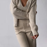 Chic V-neck Knitted Three-piece Set Crop Vest and Sweater Cardigan & Solid Wide Leg Pants
