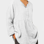Nadorine Plus Size Cotton and Linen Casual Loose V-neck Long-sleeved Shirt Top