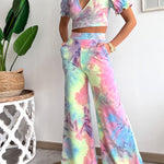 Floral Print V Neck Short Sleeves Crop Top Elastic Waist Wide Leg Pants Set