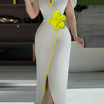 Bodycon Short Sleeves Pleated Solid Color Split-Front Three-Dimensional Flower V-Neck Maxi Dresses