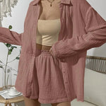 Shorts Set Cotton Pajamas Turn-Down Collar Long Sleeve Tops Suits