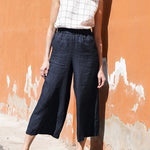 Elastic Waist Cotton Linen High Waist Wide Leg Pants